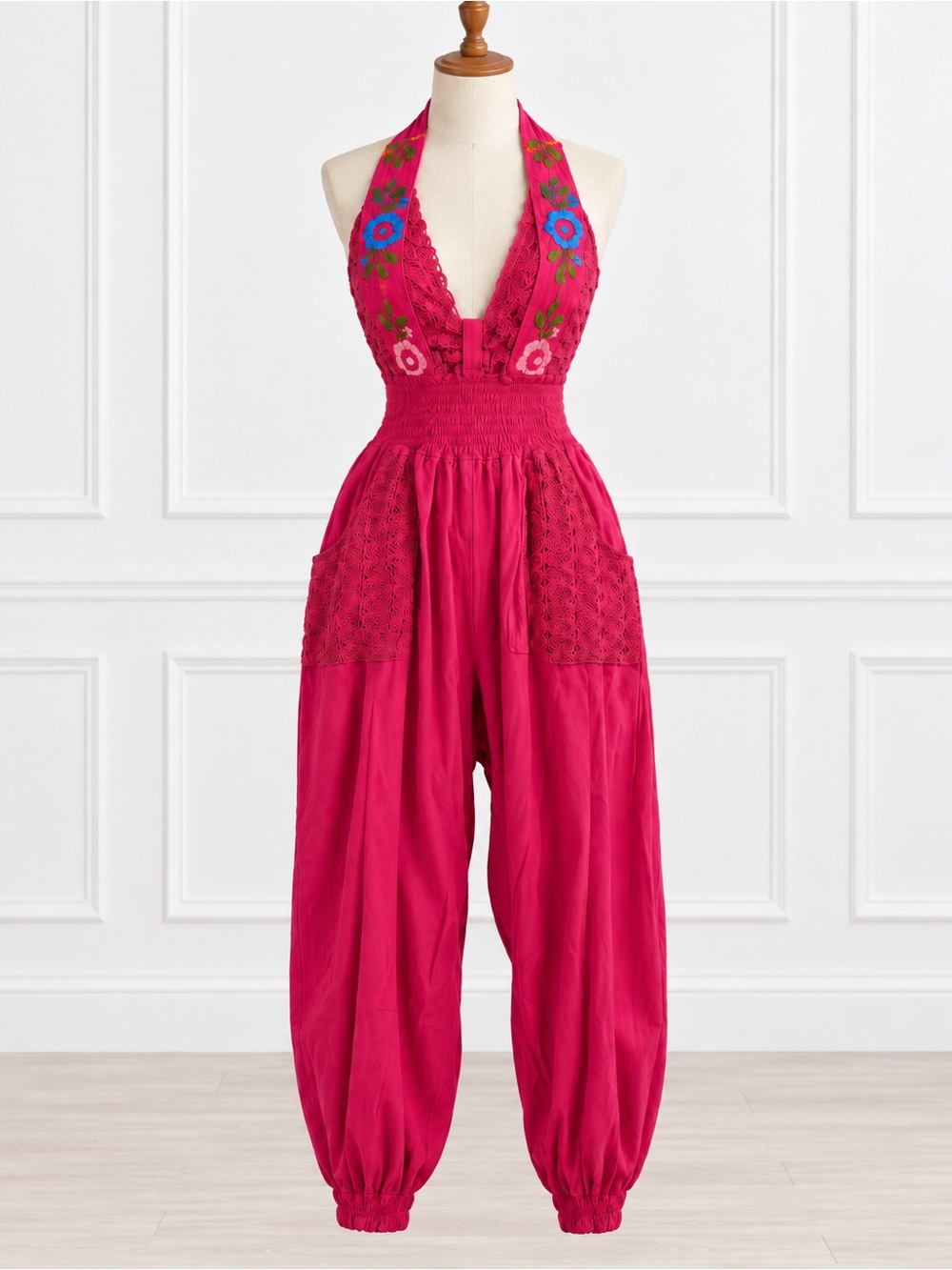 Mexican Inspired Embroidered Halter Jumpsuit Romper Pink